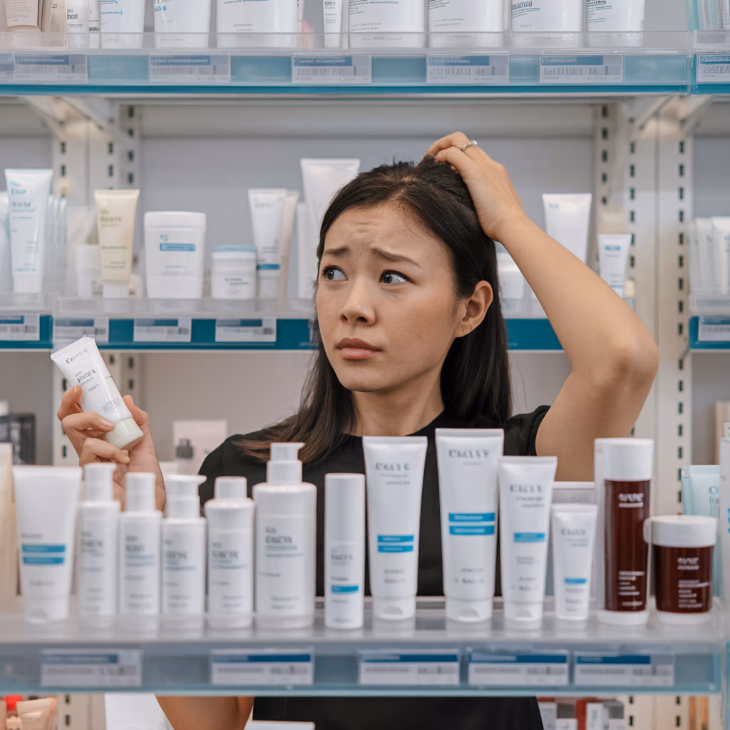 Home woman confuse selecting skincare